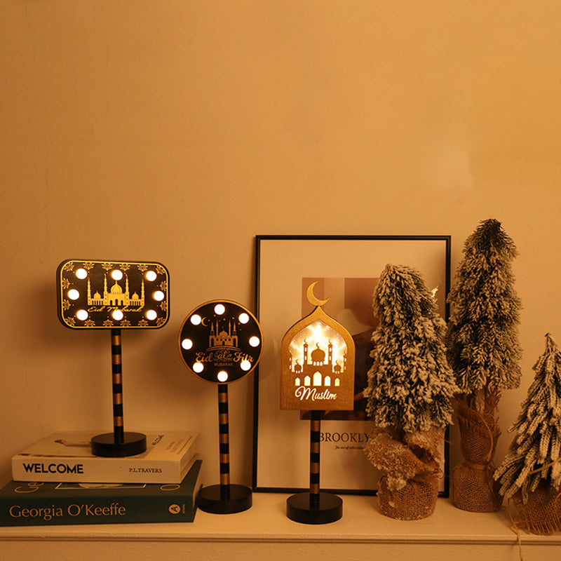Contemporary Creative Battery Decorative Road Sign Moon Star Round Wood Metal LED Table Lamp For Bedroom
