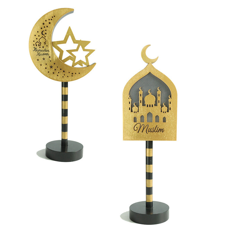 Contemporary Creative Battery Decorative Road Sign Moon Star Round Wood Metal LED Table Lamp For Bedroom