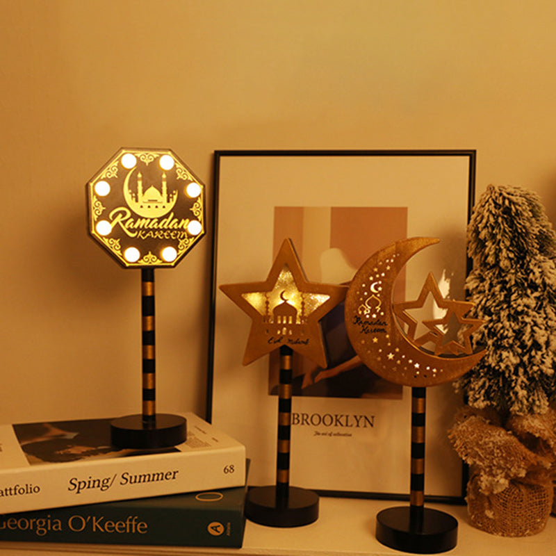 Contemporary Creative Battery Decorative Road Sign Moon Star Round Wood Metal LED Table Lamp For Bedroom