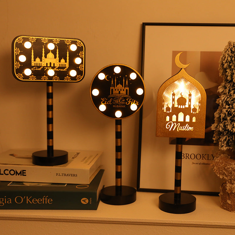 Contemporary Creative Battery Decorative Road Sign Moon Star Round Wood Metal LED Table Lamp For Bedroom
