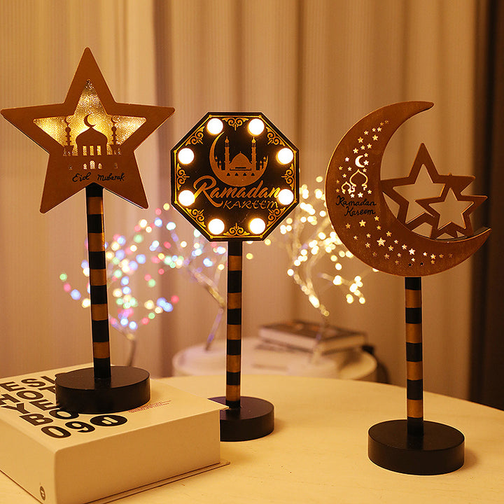 Contemporary Creative Battery Decorative Road Sign Moon Star Round Wood Metal LED Table Lamp For Bedroom