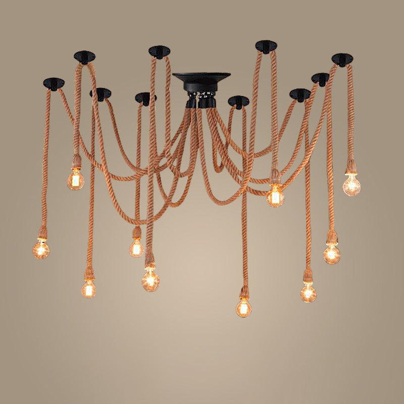 Lustre semi-encastré à 10 lumières en corde de chanvre industriel contemporain avec fer et toile d&