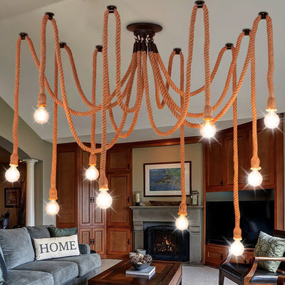 Lustre semi-encastré à 10 lumières en corde de chanvre industriel contemporain avec fer et toile d'araignée pour salle à manger 