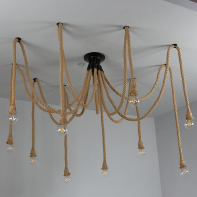 Lustre semi-encastré à 10 lumières en corde de chanvre industriel contemporain avec fer et toile d'araignée pour salle à manger 