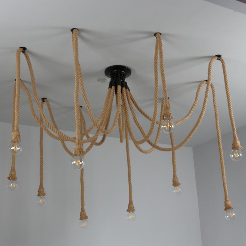 Lustre semi-encastré à 10 lumières en corde de chanvre industriel contemporain avec fer et toile d&