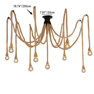Lustre semi-encastré à 10 lumières en corde de chanvre industriel contemporain avec fer et toile d'araignée pour salle à manger 