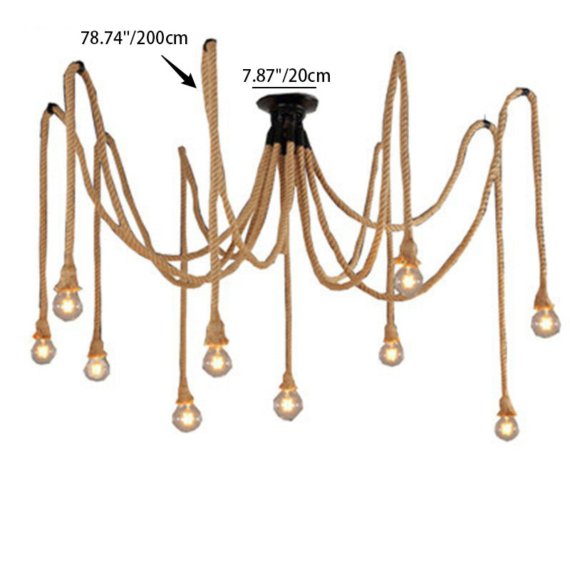 Lustre semi-encastré à 10 lumières en corde de chanvre industriel contemporain avec fer et toile d&