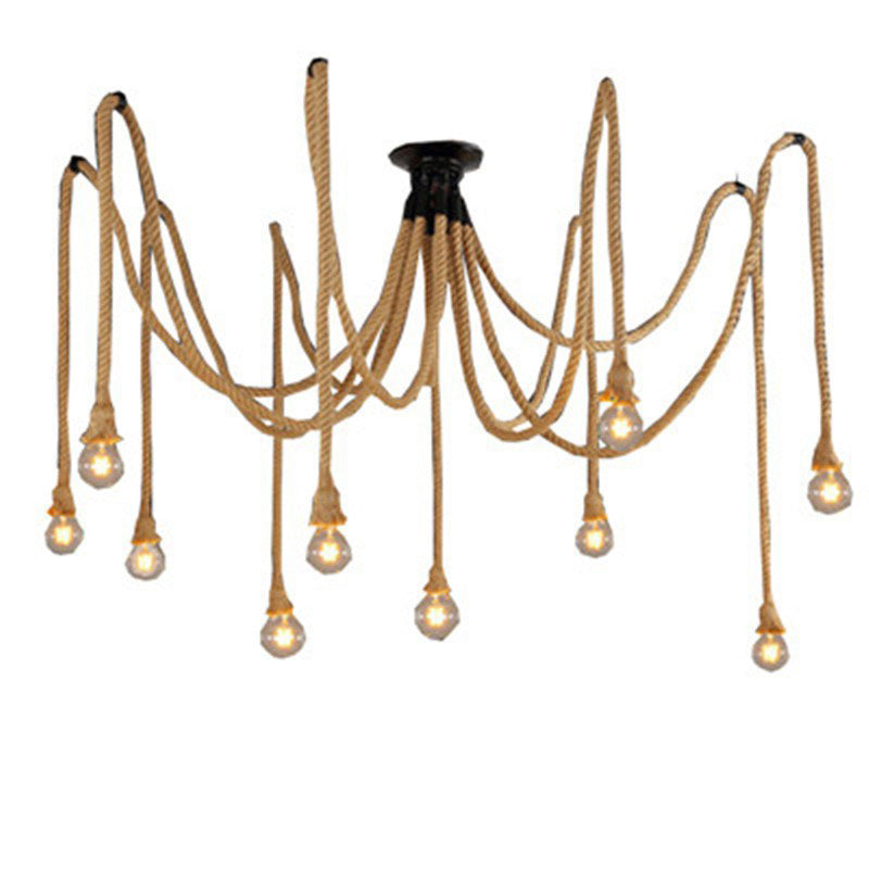 Lustre semi-encastré à 10 lumières en corde de chanvre industriel contemporain avec fer et toile d&