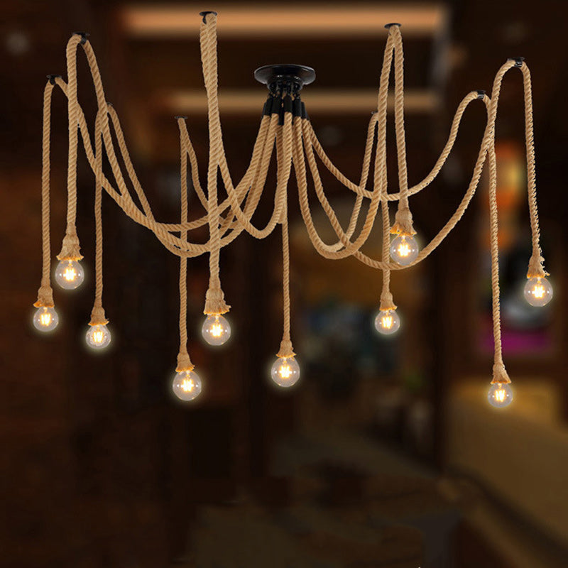 Lustre semi-encastré à 10 lumières en corde de chanvre industriel contemporain avec fer et toile d&