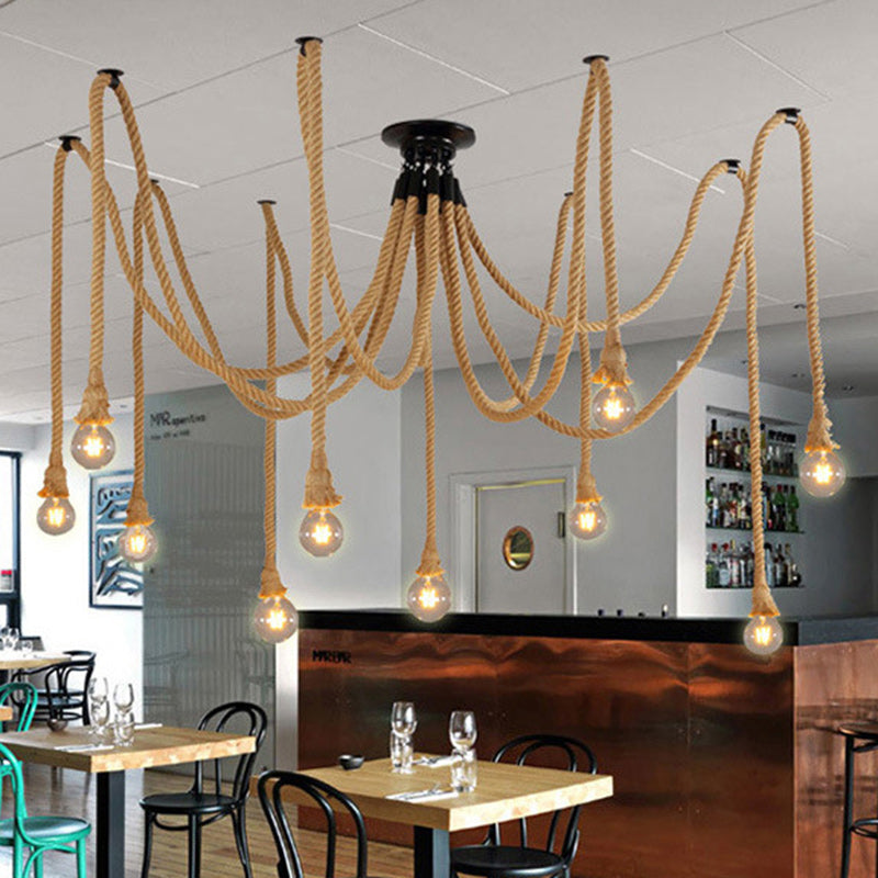 Lustre semi-encastré à 10 lumières en corde de chanvre industriel contemporain avec fer et toile d&