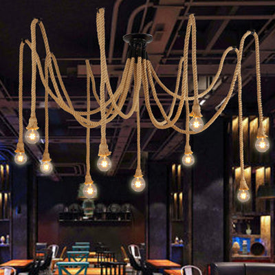 Lustre semi-encastré à 10 lumières en corde de chanvre industriel contemporain avec fer et toile d'araignée pour salle à manger 
