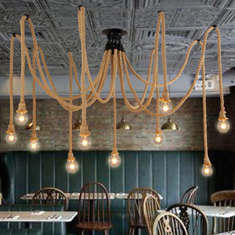 Lustre semi-encastré à 10 lumières en corde de chanvre industriel contemporain avec fer et toile d&