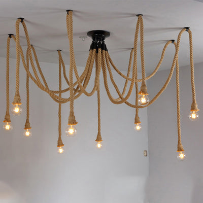 Lustre semi-encastré à 10 lumières en corde de chanvre industriel contemporain avec fer et toile d'araignée pour salle à manger 