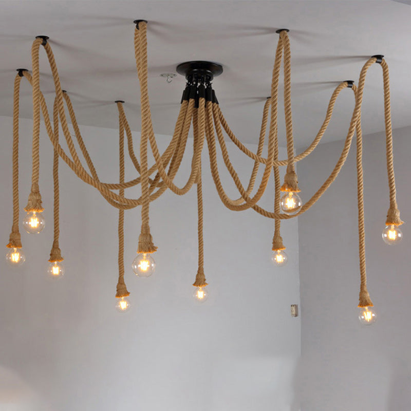Lustre semi-encastré à 10 lumières en corde de chanvre industriel contemporain avec fer et toile d&