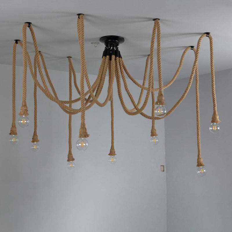 Lustre semi-encastré à 10 lumières en corde de chanvre industriel contemporain avec fer et toile d&
