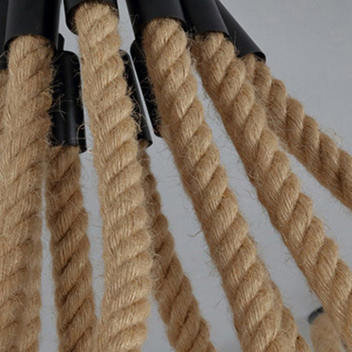 Zeitgenössische industrielle Hanfseil-Eisenspinne 10-flammige halbbündige Deckenleuchte für Esszimmer 