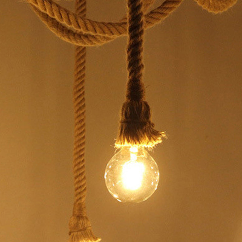Lustre semi-encastré à 10 lumières en corde de chanvre industriel contemporain avec fer et toile d&