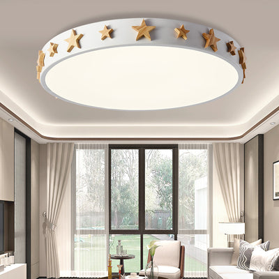 Zeitgenössische skandinavische Eisen-Holz-Acryl-runde Stern-LED-Unterputz-Deckenleuchte für Schlafzimmer 