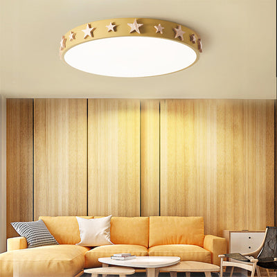 Zeitgenössische skandinavische Eisen-Holz-Acryl-runde Stern-LED-Unterputz-Deckenleuchte für Schlafzimmer 