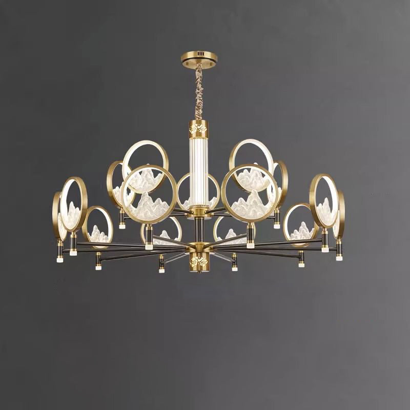 Traditionelle Chinesische Messing Glas Runde Berg LED Kronleuchter Für Wohnzimmer 