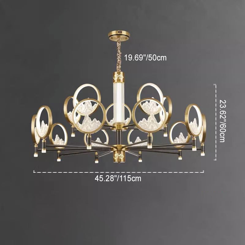Traditionelle Chinesische Messing Glas Runde Berg LED Kronleuchter Für Wohnzimmer 