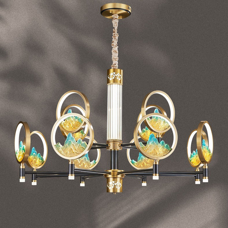 Traditionelle Chinesische Messing Glas Runde Berg LED Kronleuchter Für Wohnzimmer 