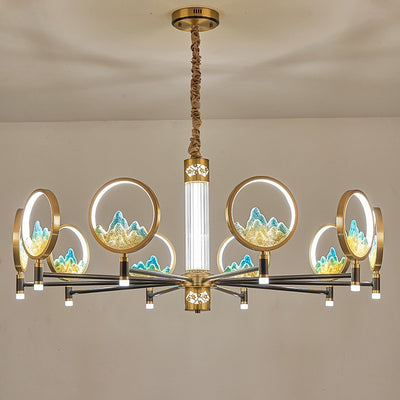Traditionelle Chinesische Messing Glas Runde Berg LED Kronleuchter Für Wohnzimmer 