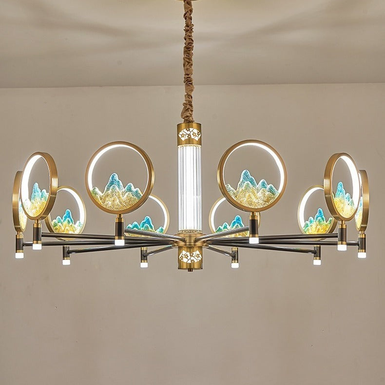 Traditionelle Chinesische Messing Glas Runde Berg LED Kronleuchter Für Wohnzimmer 