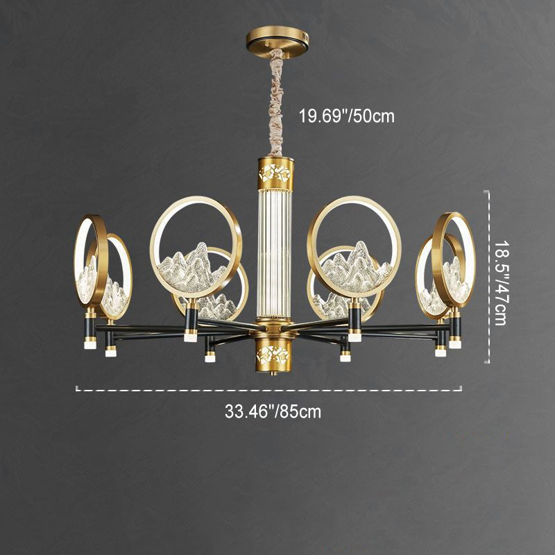 Traditionelle Chinesische Messing Glas Runde Berg LED Kronleuchter Für Wohnzimmer 