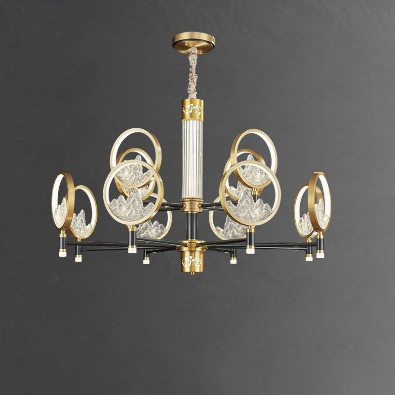 Traditionelle Chinesische Messing Glas Runde Berg LED Kronleuchter Für Wohnzimmer 