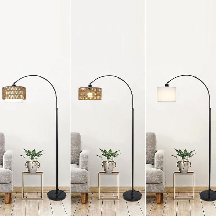 Lampadaire traditionnel rustique en rotin tissé avec cylindre en fer à 1 lumière pour salon 