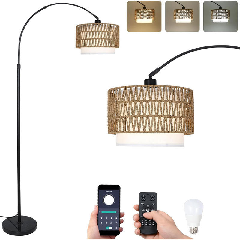 Traditionelle rustikale Weberei Rattan Stoff Eisen Zylinder 1-Licht Stehlampe für Wohnzimmer 