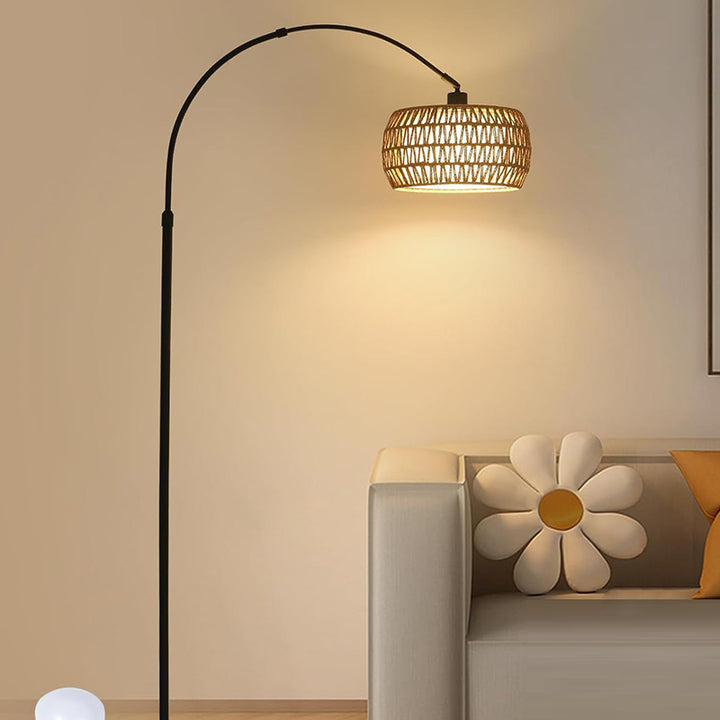 Lampadaire traditionnel rustique en rotin tissé avec cylindre en fer à 1 lumière pour salon 