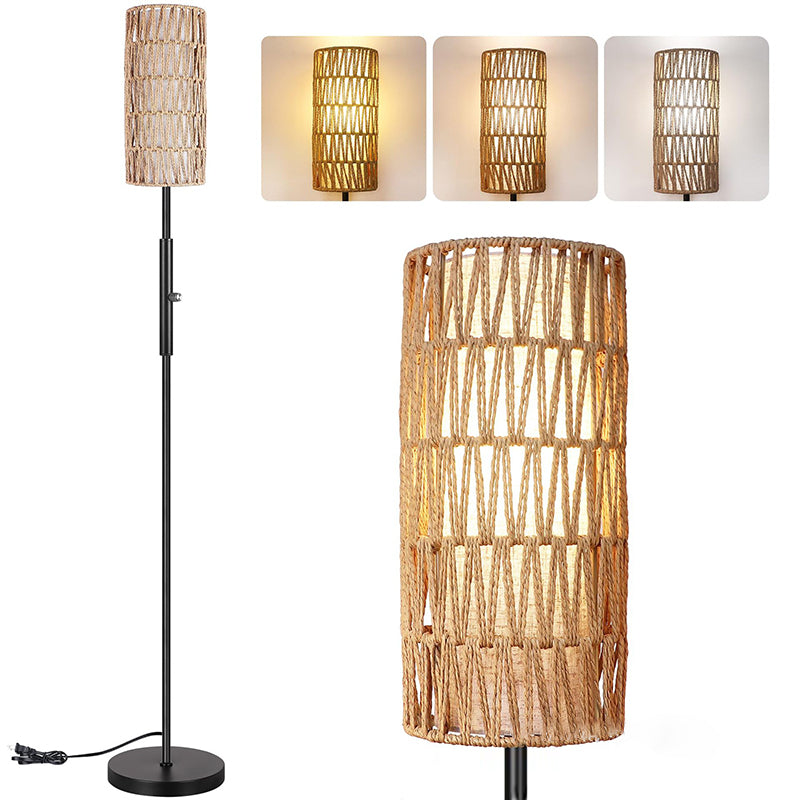 Traditionelle japanische Weberei Rattan Stoff Metall Zylinder 1-Licht Stehlampe für Wohnzimmer 