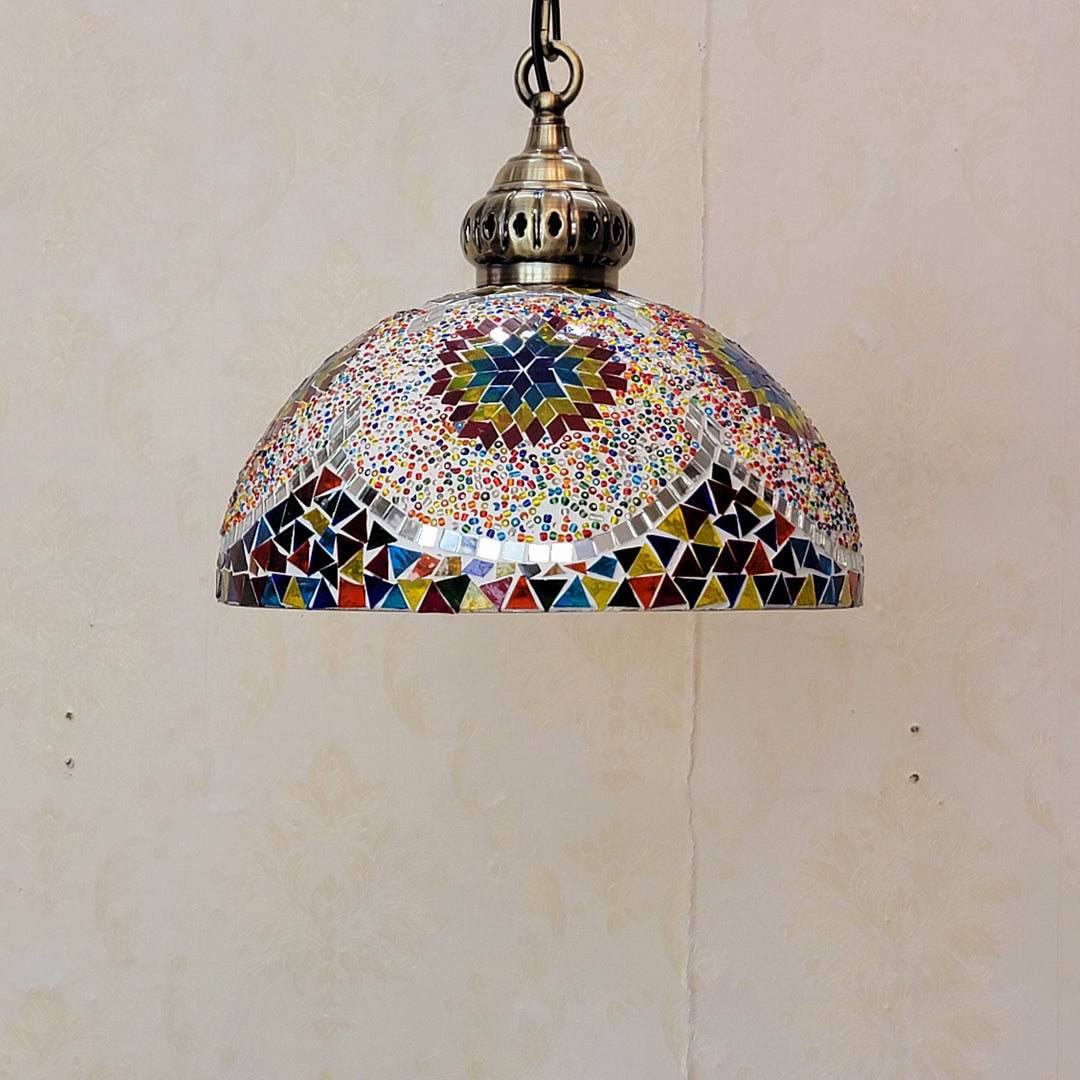 Zeitgenössische Boho Glas Eisen Kuppel Mosaik Perle 1-Licht Pendelleuchte für Esszimmer 