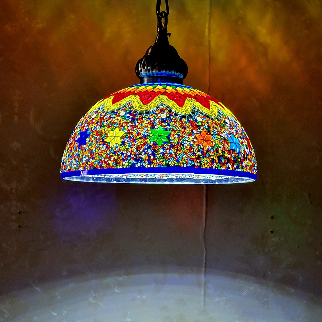 Zeitgenössische Boho Glas Eisen Kuppel Mosaik Perle 1-Licht Pendelleuchte für Esszimmer 