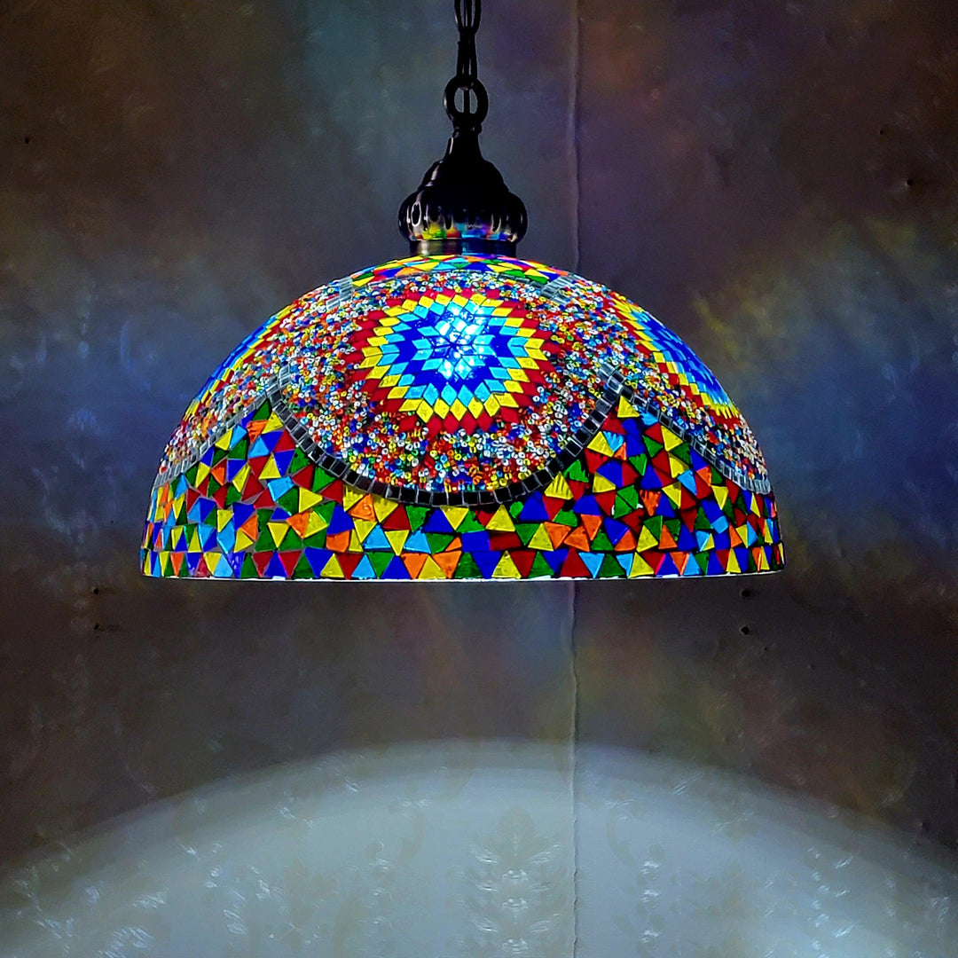 Zeitgenössische Boho Glas Eisen Kuppel Mosaik Perle 1-Licht Pendelleuchte für Esszimmer 