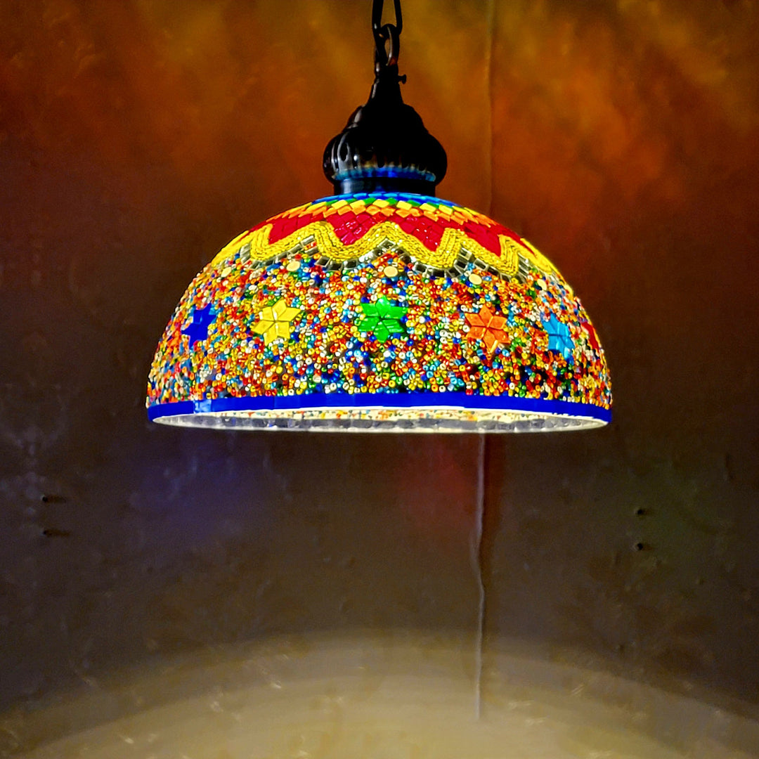Zeitgenössische Boho Glas Eisen Kuppel Mosaik Perle 1-Licht Pendelleuchte für Esszimmer 
