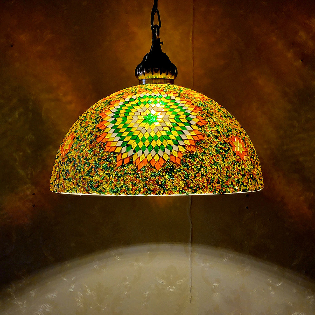 Zeitgenössische Boho Glas Eisen Kuppel Mosaik Perle 1-Licht Pendelleuchte für Esszimmer 