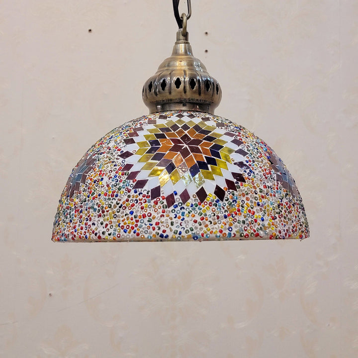 Suspension Luminaire à 1 Lumière en Verre et Fer Contemporain Boho avec Dôme de Soleil Mosaïque de Perles pour Salle à Manger 