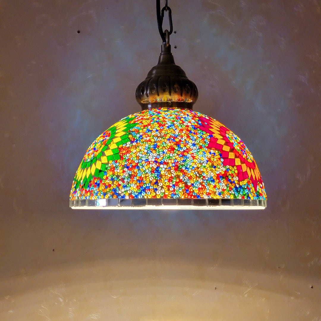 Suspension Luminaire à 1 Lumière en Verre et Fer Contemporain Boho avec Dôme de Soleil Mosaïque de Perles pour Salle à Manger 