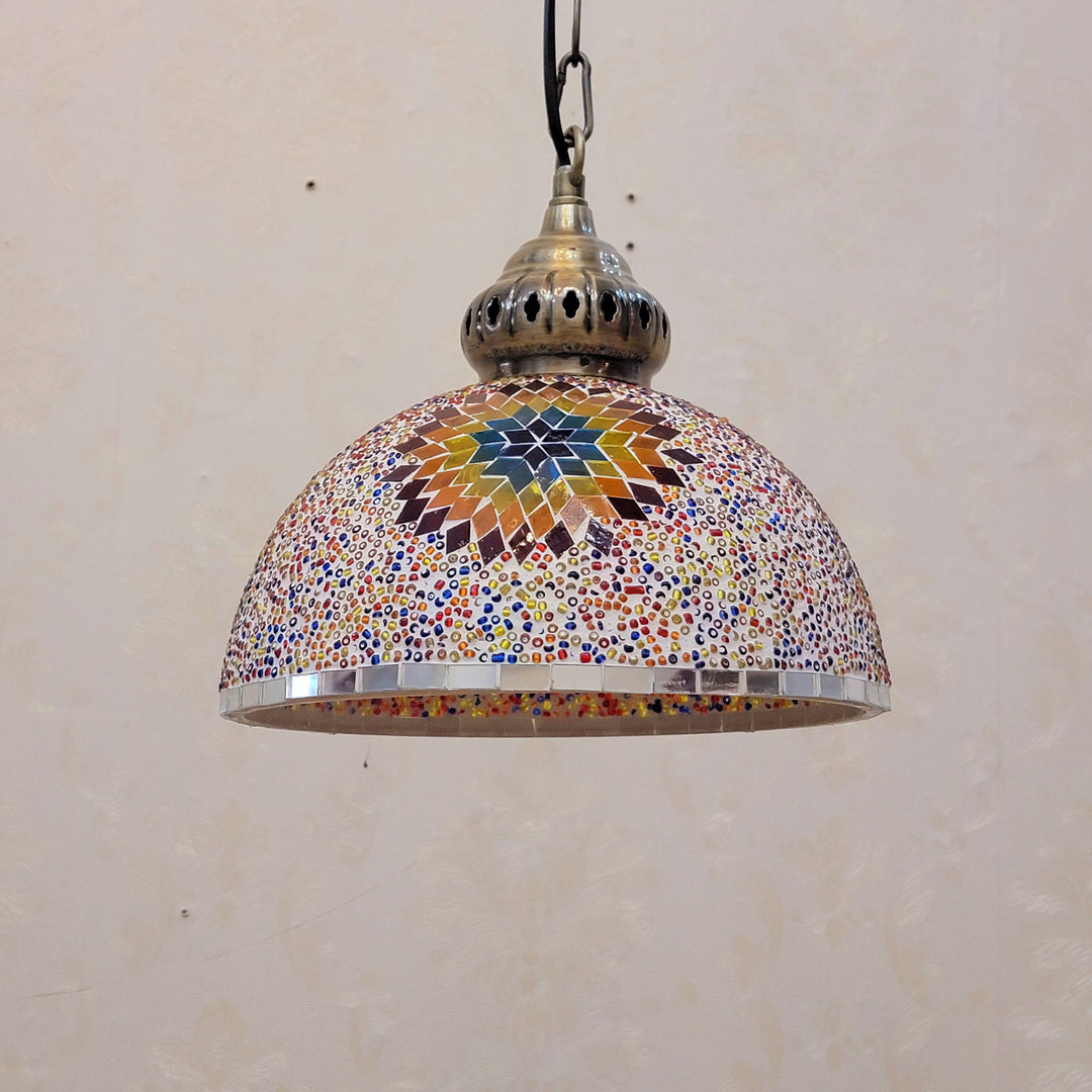 Suspension Luminaire à 1 Lumière en Verre et Fer Contemporain Boho avec Dôme de Soleil Mosaïque de Perles pour Salle à Manger 