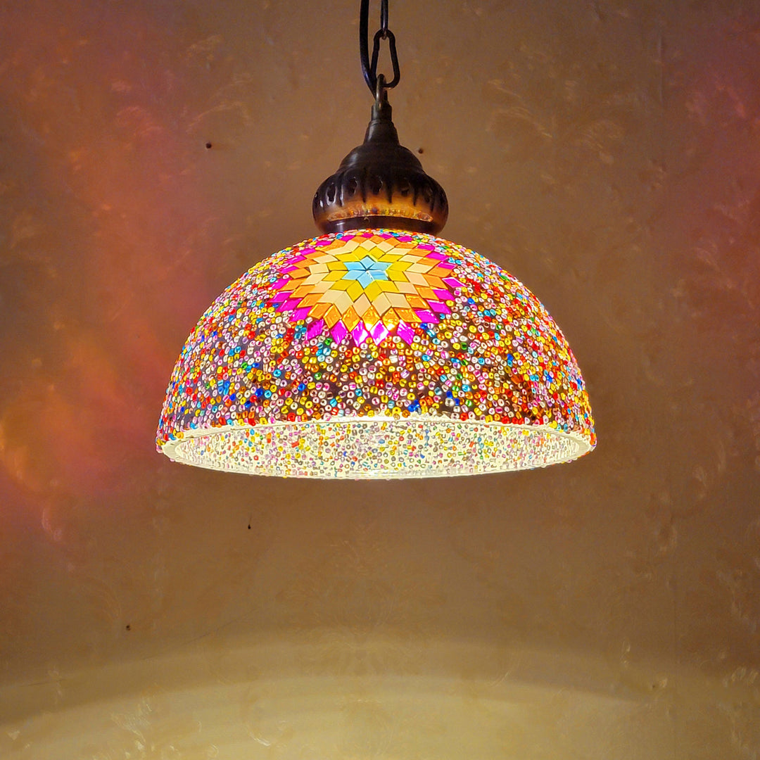 Suspension Luminaire à 1 Lumière en Verre et Fer Contemporain Boho avec Dôme de Soleil Mosaïque de Perles pour Salle à Manger 