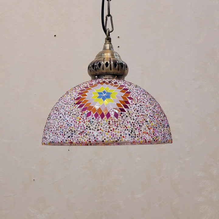 Suspension Luminaire à 1 Lumière en Verre et Fer Contemporain Boho avec Dôme de Soleil Mosaïque de Perles pour Salle à Manger 