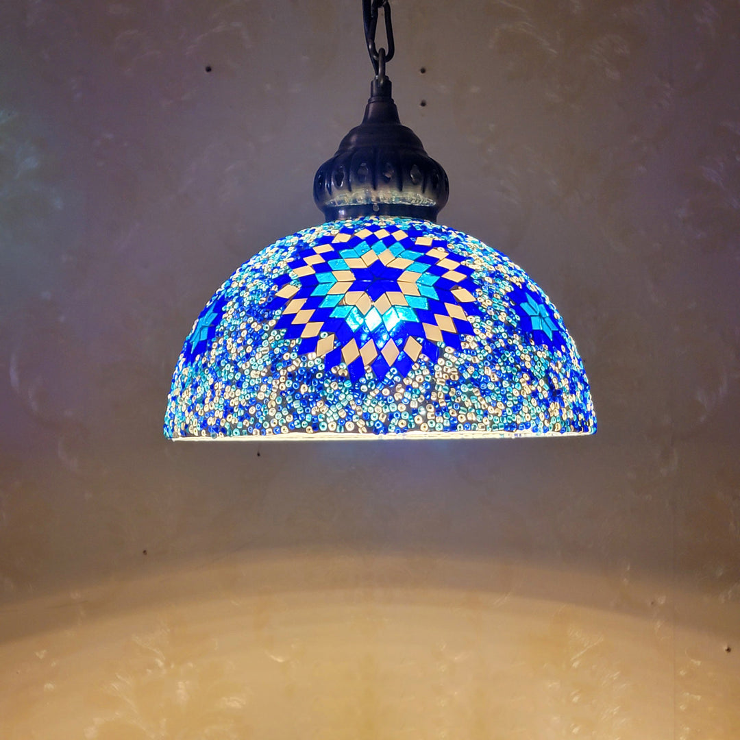Suspension Luminaire à 1 Lumière en Verre et Fer Contemporain Boho avec Dôme de Soleil Mosaïque de Perles pour Salle à Manger 