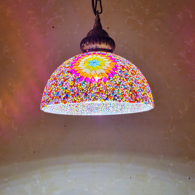 Zeitgenössische Boho Glas Eisen Kuppel Sonne Mosaik Perle 1-Licht Pendelleuchte für Esszimmer 