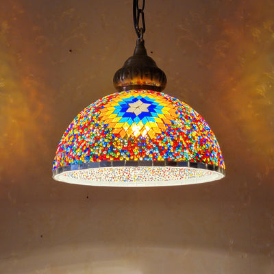 Zeitgenössische Boho Glas Eisen Kuppel Sonne Mosaik Perle 1-Licht Pendelleuchte für Esszimmer 