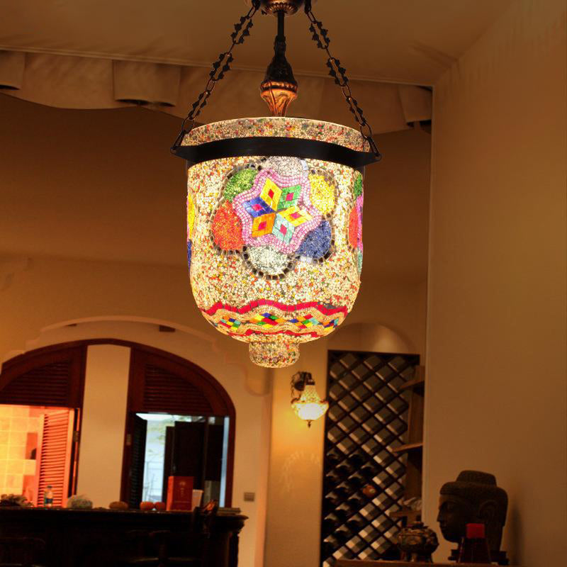 Lustres à 3 lumières en mosaïque de cylindre décoratif en verre et fer bohème contemporain pour salle à manger 
