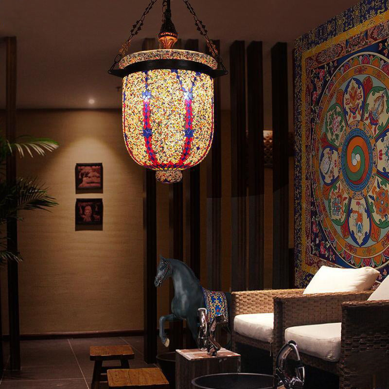 Lustres à 3 lumières en mosaïque de cylindre décoratif en verre et fer bohème contemporain pour salle à manger 