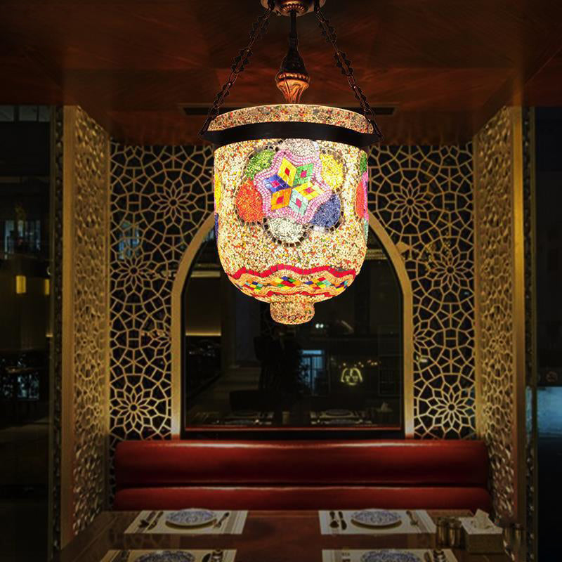 Lustres à 3 lumières en mosaïque de cylindre décoratif en verre et fer bohème contemporain pour salle à manger 